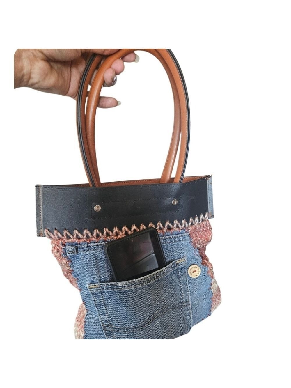 Upcycled Crochet Faux Leather Tote with Denim Pocket Fall Artisan Handbag Knit - Picture 12 of 17